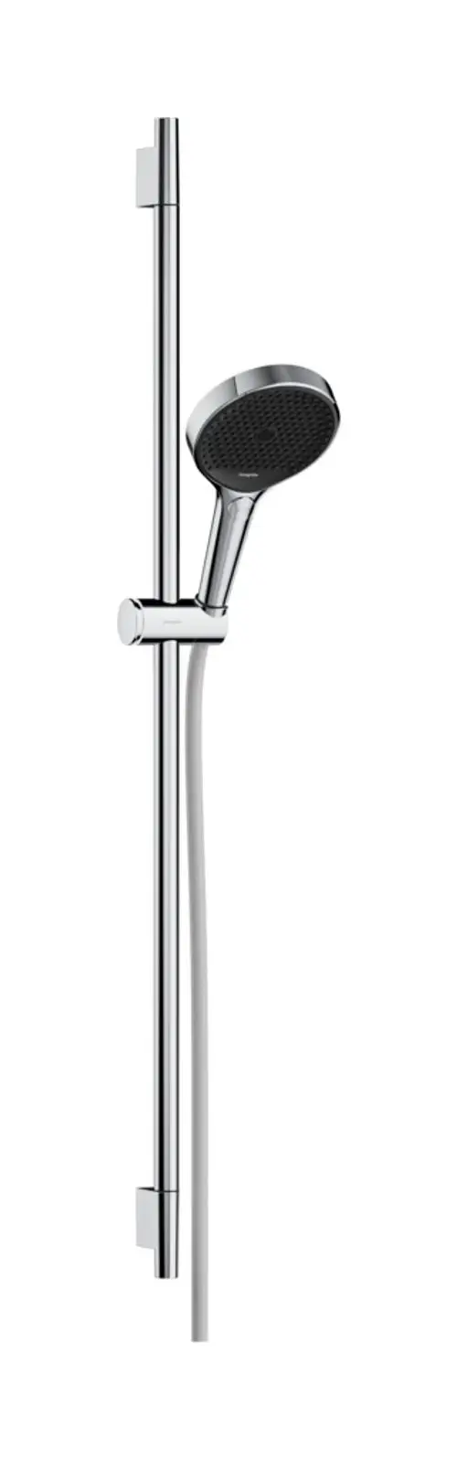 Hansgrohe Duschset bestehend aus einer Handbrause mit drei Strahlarten, einer Brausestange, einem Handbrausehalter und einem textilen Brauseschlauch in Chrom.